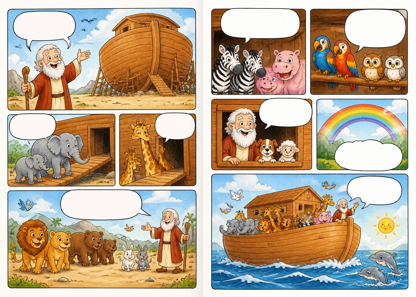 A watercolor comic spread of Noah's ark with smiling animals